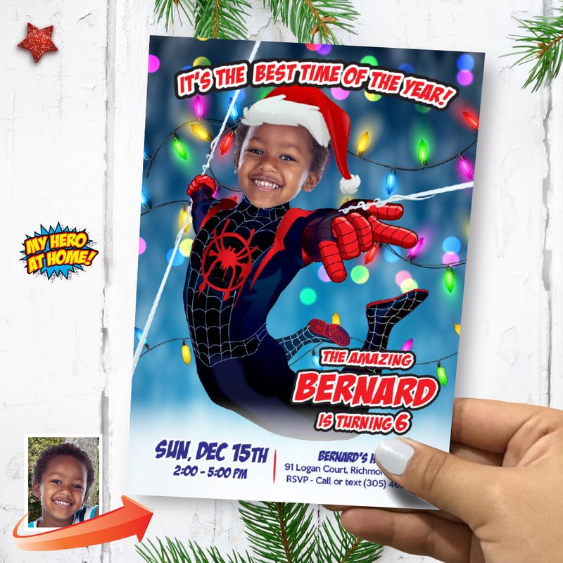 Miles Morales Christmas Birthday Invitation, Miles Morales Xmas Party invite, Spiderverse xmas flyer, Spiderverse xmas digital . 2173
