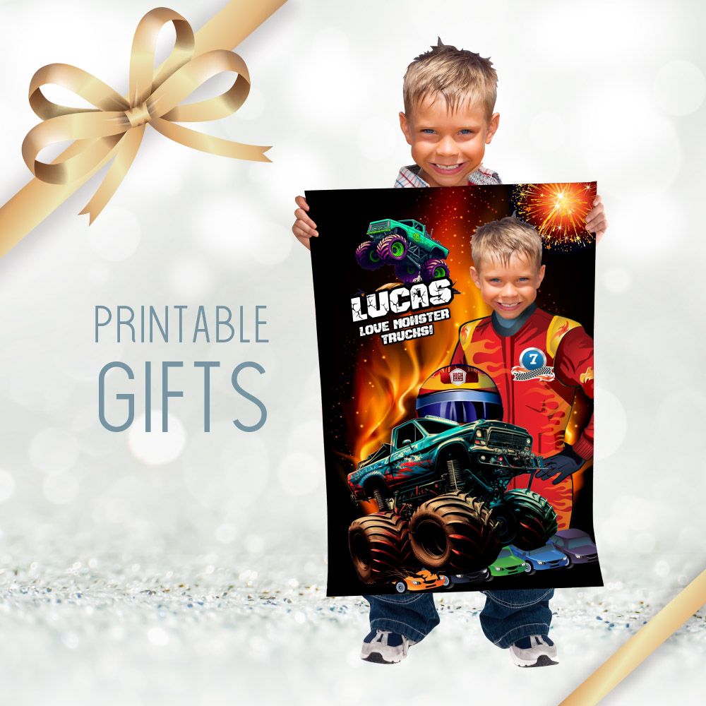 Printable Monsters Trucks Gifts with name, Custom gifts of Monster Trucks, Monster Truck Prints gifts, Monster Trucks kids bedroom. 2177