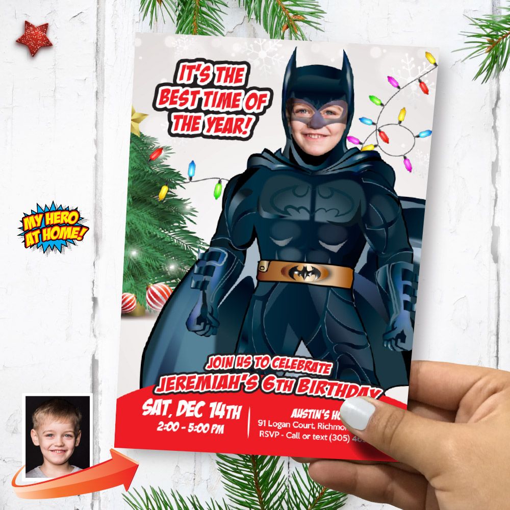 Batman Christmas Birthday party invitation with photo, Batman Digital template, Custom Batman Christmas Theme Party, Batman Xmas Invitation. 2193