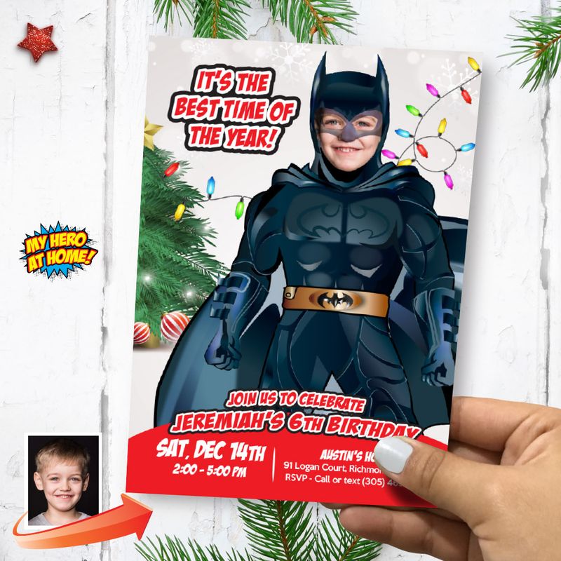 Batman Christmas Birthday party invitation with photo, Batman Digital template, Custom Batman Christmas Theme Party, Batman Xmas Invitation. 2193