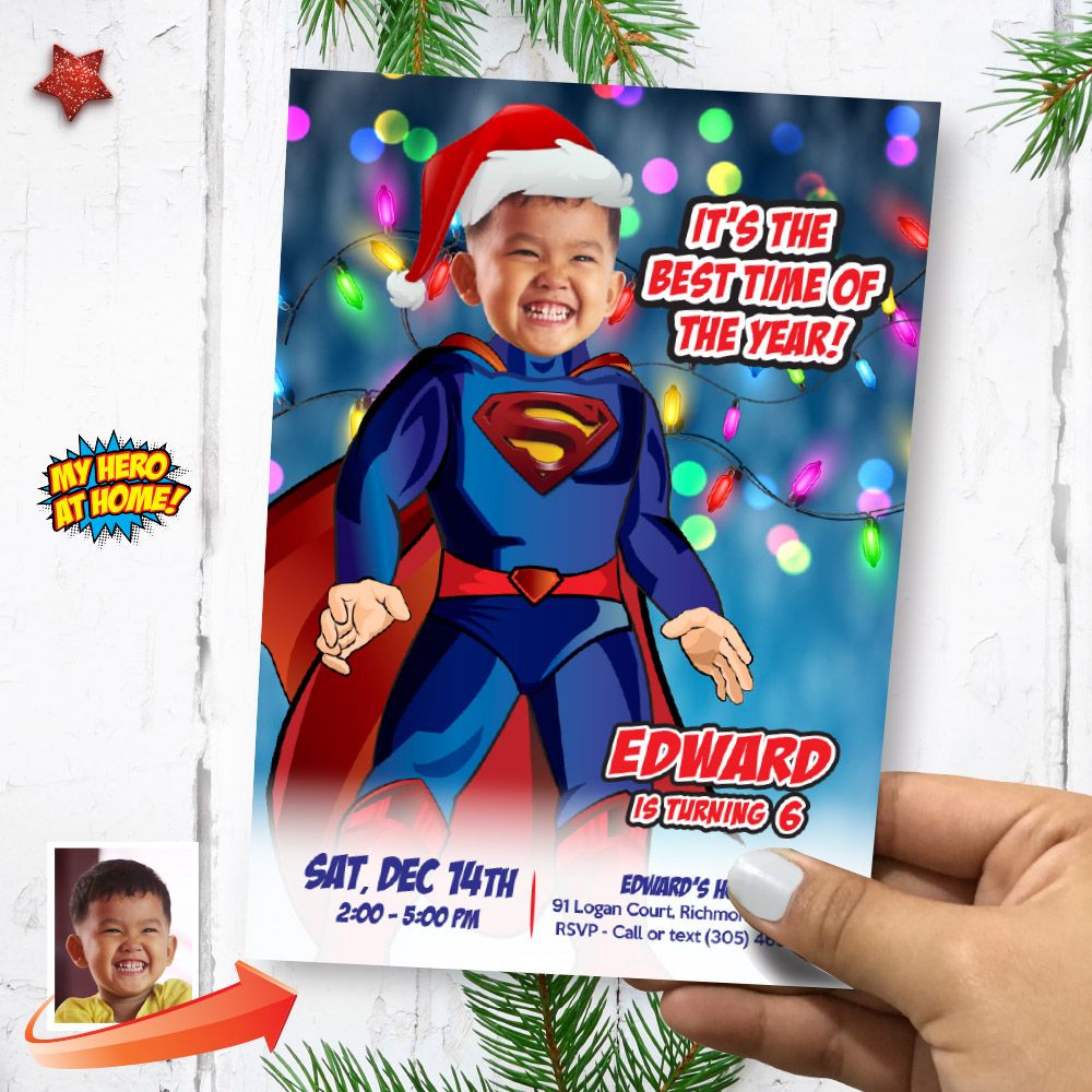 Superman Christmas Birthday party invitation with photo, Superman Digital template, Custom Superman Christmas Theme Party, Superman Xmas Invitation. 2194