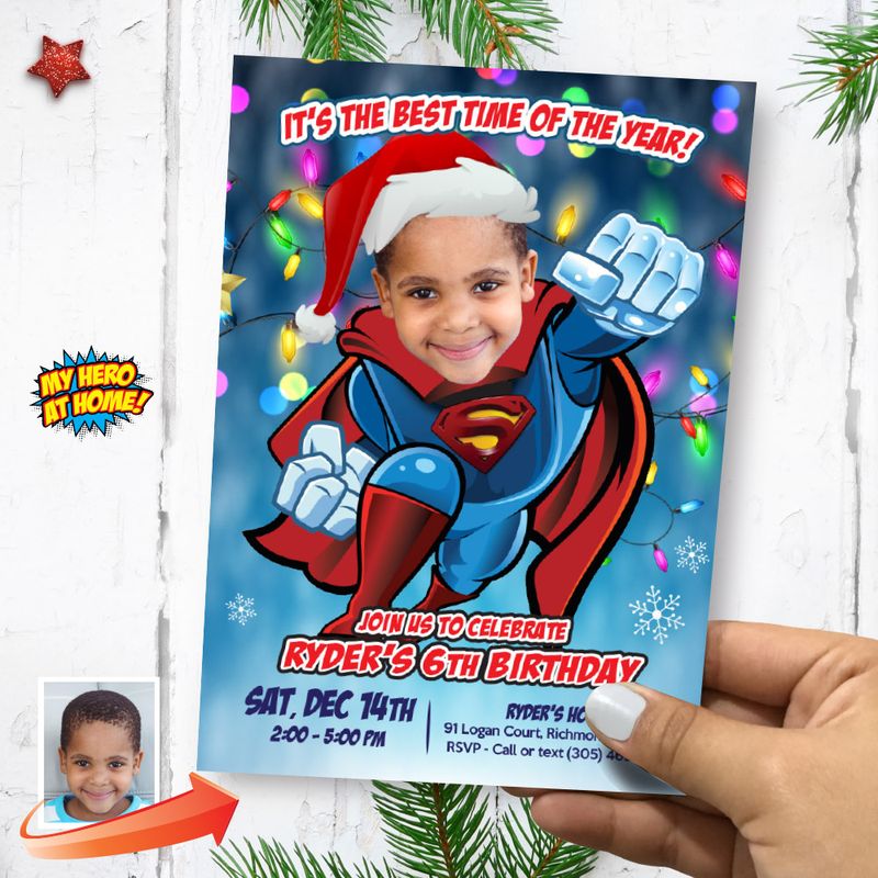 Christmas Superman Birthday party invitation, Superman Digital template with photo, Custom Superman Xmas Theme Party, Superman Xmas theme invitation. 2195