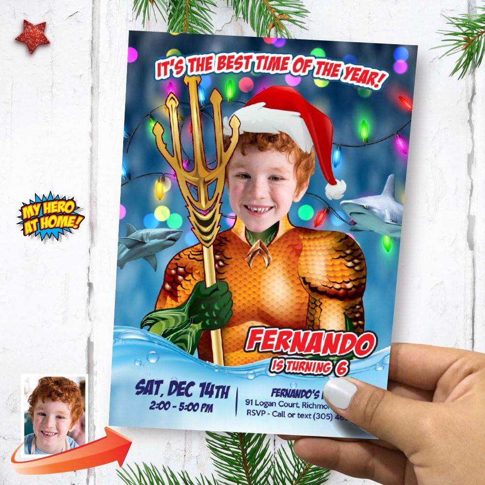 Christmas Aquaman Birthday party invitation, Aquaman Digital template with photo, Custom Aquaman Xmas Theme Party, Aquaman Xmas theme invitation. 2196