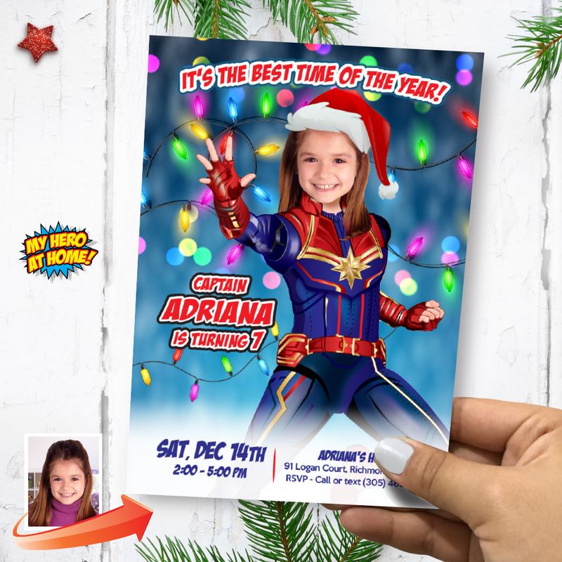 Christmas Captain Marvel Birthday party invitation, Captain Marvel Digital template with photo, Custom Captain Marvel Xmas Theme Party, Captain Marvel Xmas theme invitation. 2197