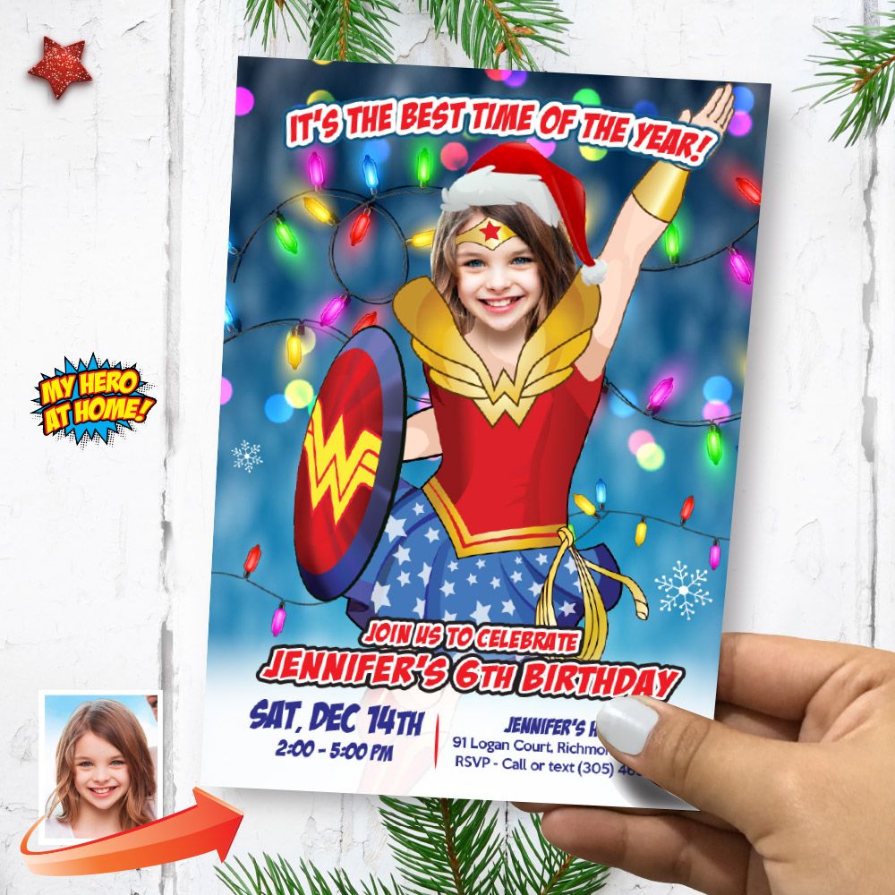 Christmas Wonder Woman Birthday party invitation, Wonder Girl Digital template with photo, Custom Wonder Girl Xmas Theme Party, Wonder Woman Xmas theme invitation. 2198