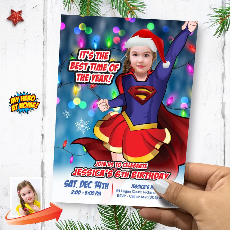Christmas Supergirl Birthday party invitation, Super Girl Digital template with photo, Custom Super Girl Xmas Theme Party, Supergirl Xmas theme invitation. 2199