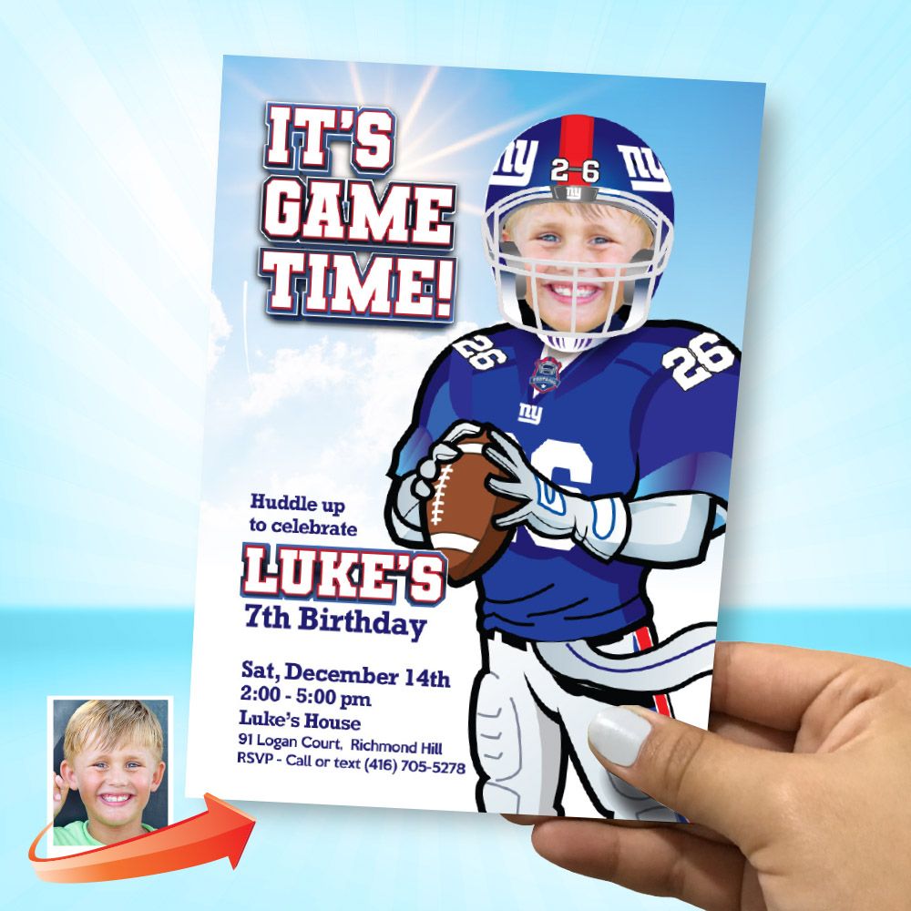 Giants Birthday Party Invitation with photo, Giants Birthday template, Giants digital invite, Football Giants evite party, Giants theme. 2201