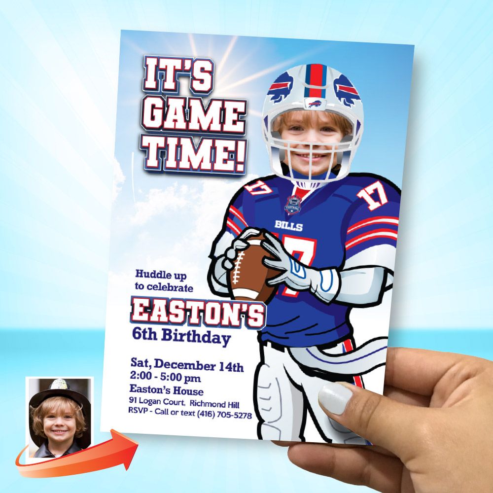Buffalo Bills Birthday Party Invitation with photo, Bills Birthday template, Bills digital invite, Football Bills evite party, Bills theme. 2203
