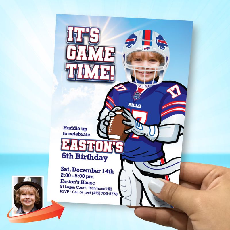 Buffalo Bills Birthday Party Invitation with photo, Bills Birthday template, Bills digital invite, Football Bills evite party, Bills theme. 2203