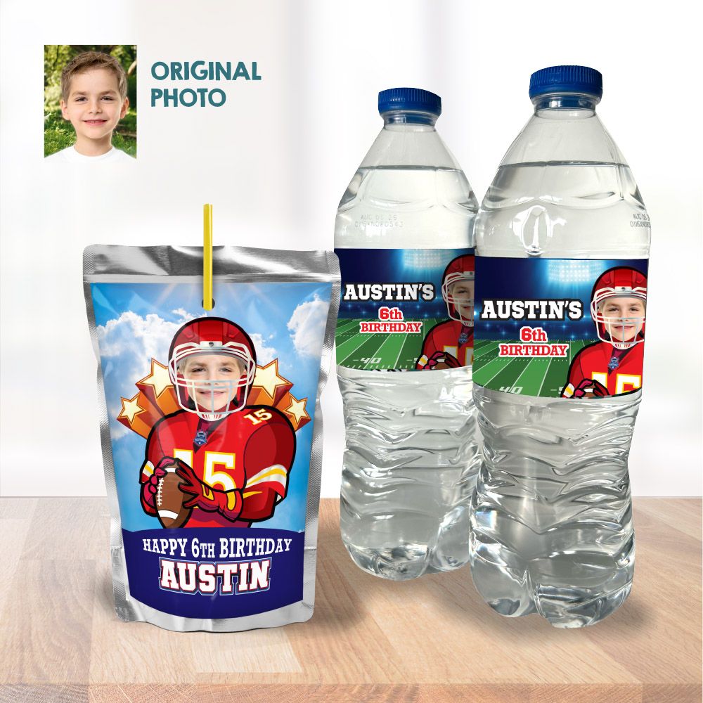 Personalized Football water wrappers, Chiefs water labels, Chiefs themed birthday, Football Capri sun labels, Chiefs Capri sun labels. 2224