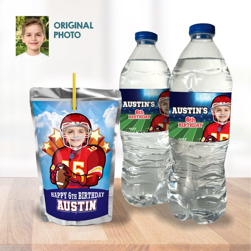 Personalized Football water wrappers, Chiefs water labels, Chiefs themed birthday, Football Capri sun labels, Chiefs Capri sun labels. 2224