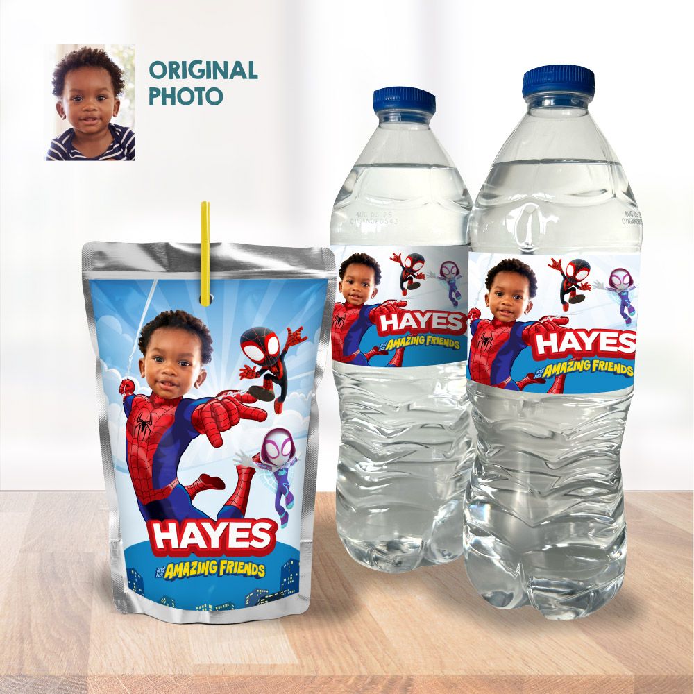 Personalized Spidey water wrappers, Spidey water labels, Spidey party juice labels, Spidey Capri sun labels, Spidey snacks party labels. 2226 740WJ