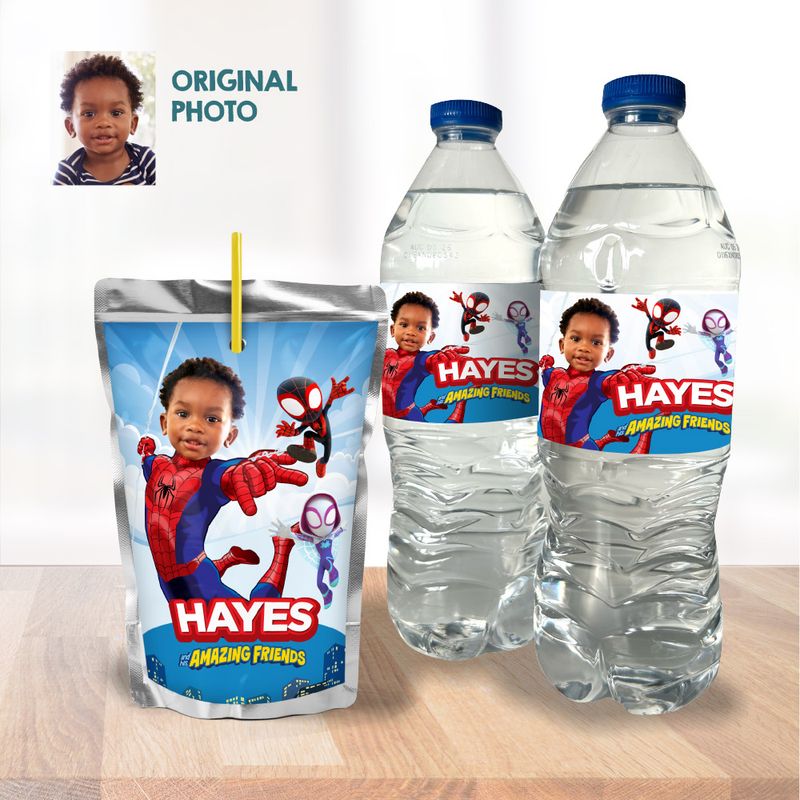 Personalized Spidey water wrappers, Spidey water labels, Spidey party juice labels, Spidey Capri sun labels, Spidey snacks party labels. 2226 740WJ
