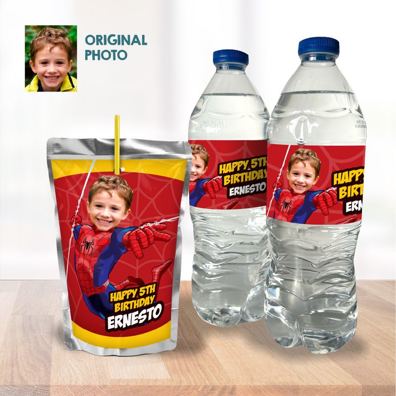Personalized Spider-man water wrappers, Spider-man water labels, Spider-man party juice labels, Spider-man Capri sun labels, Spider-man snacks party labels. 2117WJ