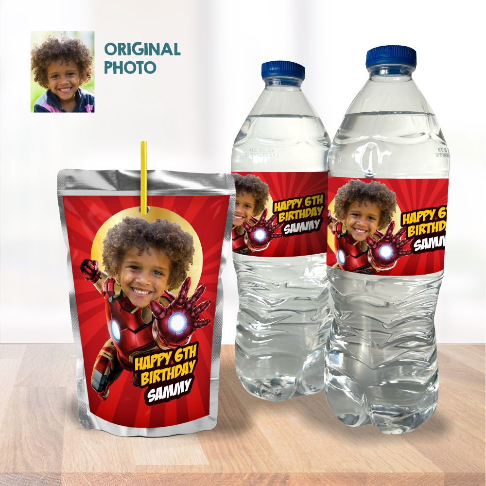 Iron Man water wrappers, Iron Man water labels, Iron Man party juice labels, Iron Man Capri sun labels, Iron Man snacks party labels. 2228WJ