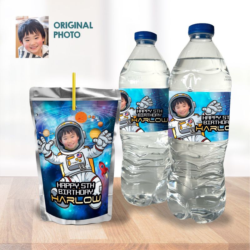 Personalized Astronaut water wrappers, Astronaut water labels, Astronaut party juice labels, Astronaut Capri sun labels, Astronaut snacks party labels. 2095WJ