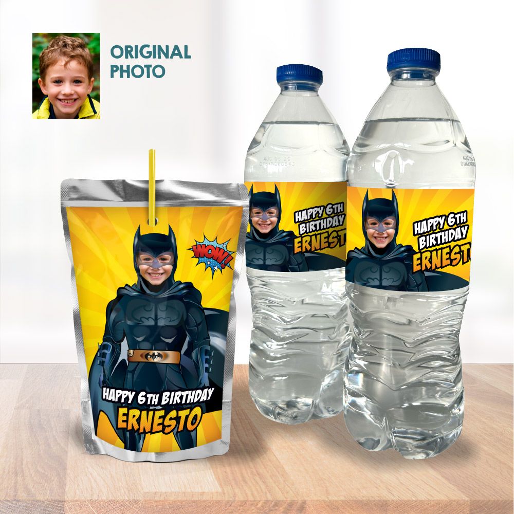 Batman water wrappers, Batman water labels, Batman party juice labels, Batman Capri sun labels, Batman snacks party labels. 215WJ