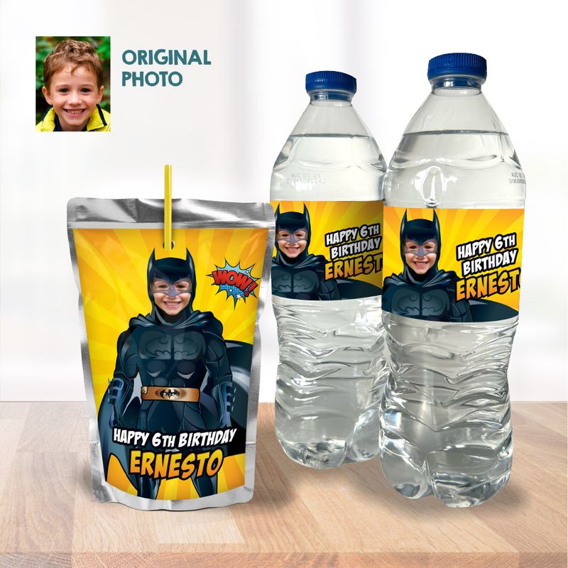 Batman water wrappers, Batman water labels, Batman party juice labels, Batman Capri sun labels, Batman snacks party labels. 215WJ
