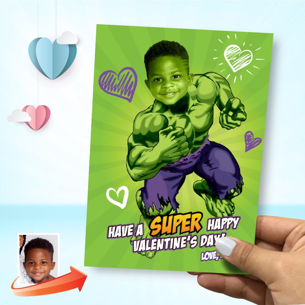 Hulk Valentine&#39;s card with photo, Valentines themed Hulk, Hulk Digital card Valentine, Valentine kids card, Super Valentine&#39;s day. 2235