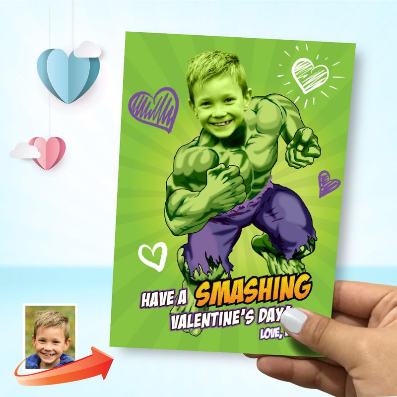 Custom Hulk Valentines card with photo, Valentines evite Hulk, Hulk Digital Valentine, Valentine kids card, Smashing Valentine&#39;s day. 2235B