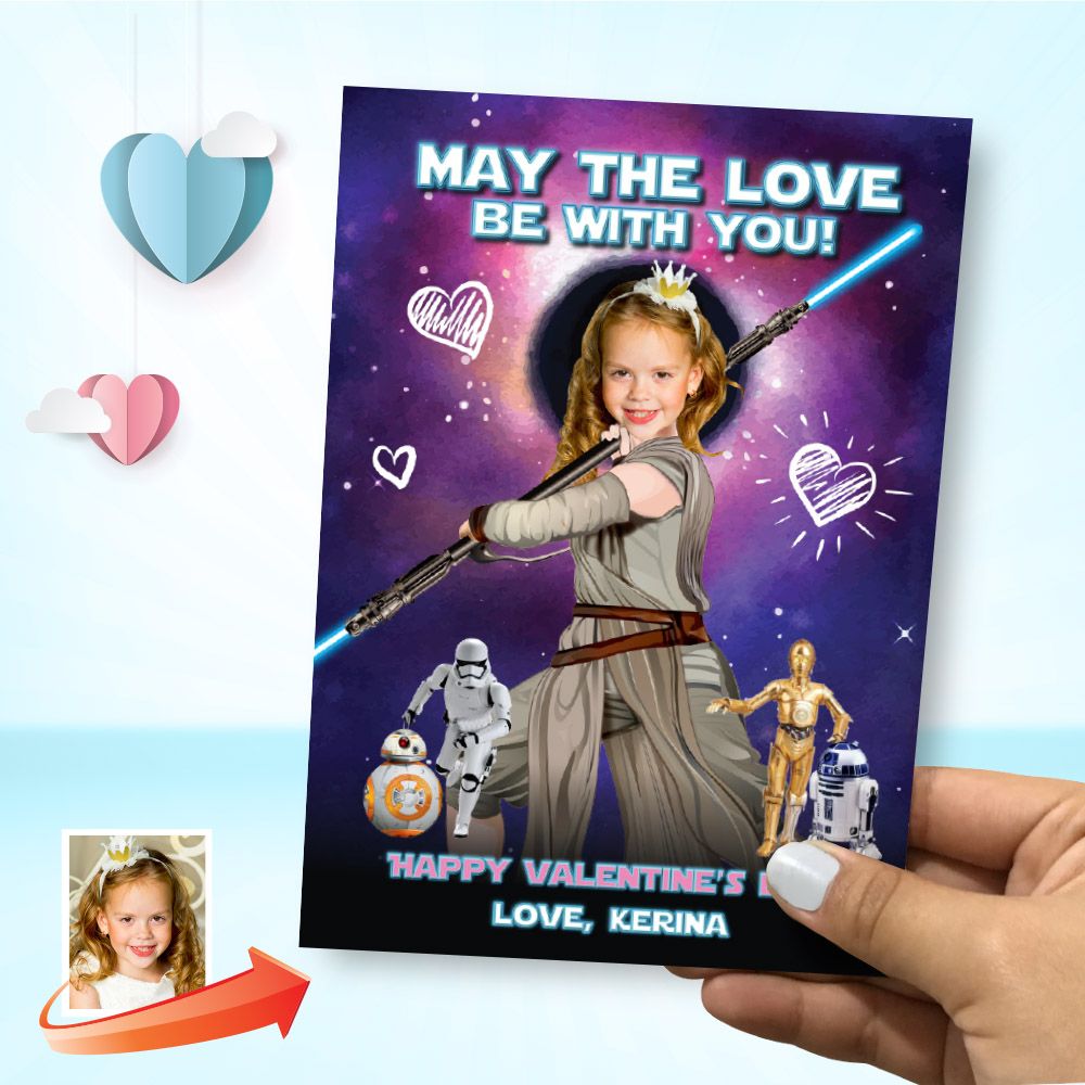 Jedi Rey Valentine&#39;s card with photo, Valentines themed Girl Star Wars, Valentines Jedi Rey, May the Love be with you Valentine. 2239