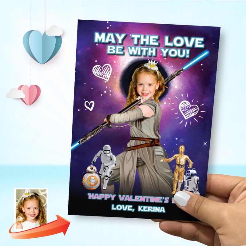 Jedi Rey Valentine&#39;s card with photo, Valentines themed Girl Star Wars, Valentines Jedi Rey, May the Love be with you Valentine. 2239