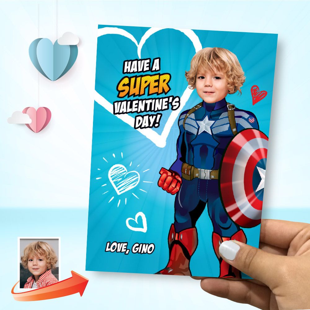 Personalized Capt America Valentines with photo, Valentine themed Capt America, Capt America Digital themed Valentine, Kids Valentine Capt America card. 2243B