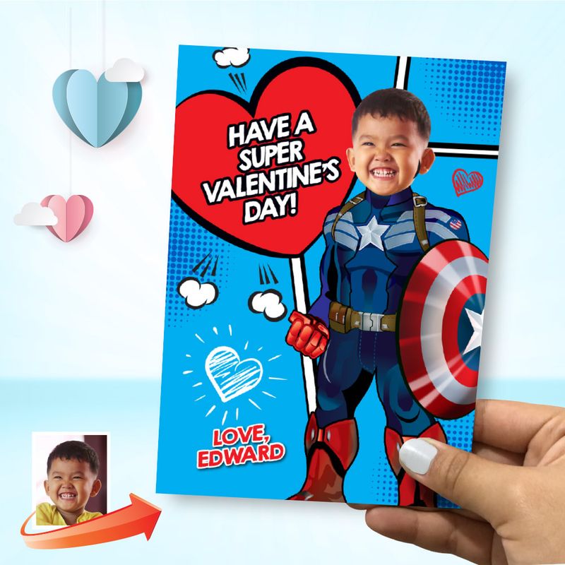 Captain America Valentine&#39;s Day card with photo, Valentine Captain America Digital card, Valentine Captain America kid card. 2243C