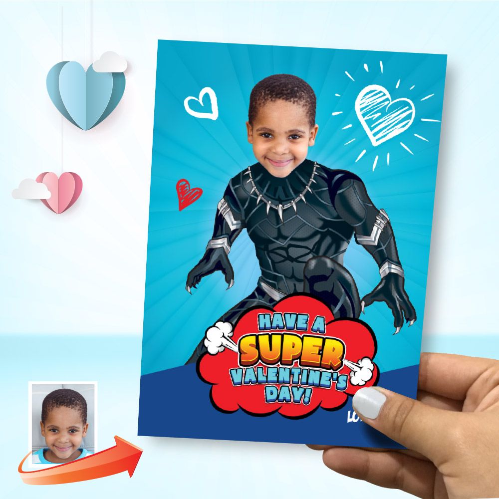 Valentines Black Panther with photo, Valentine themed Black Panther, Kids Valentine Black Panther card, Black Panther valentines. 2244B