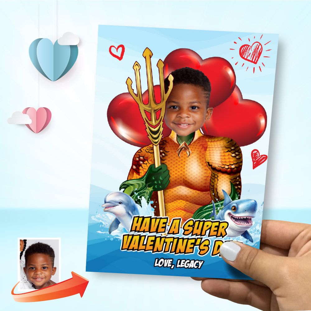 Custom Aquaman Valentines with photo, Valentine themed Aquaman, Aquaman Digital Valentine, Valentine Aquaman card, Valentine Aquaman kid card. 2246