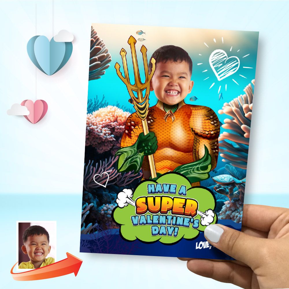 Valentines Aquaman with photo, Valentine themed Aquaman, Aquaman Digital themed Valentine, Kids Valentine Aquaman card, Aquaman Valentine&#39;s Day card. 2246B