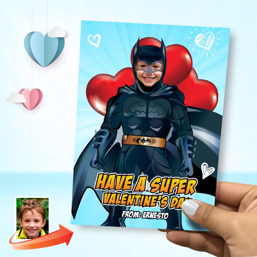 Valentines Batman with photo, Valentine themed Batman, Kids Valentine Batman card, Batman valentines. 2247B