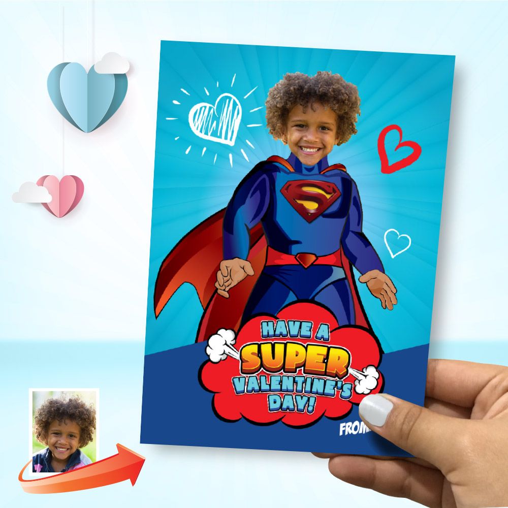 Superman Valentine&#39;s Day card with photo, Valentine Superman Digital card, Valentine Superman kid card. 2248C
