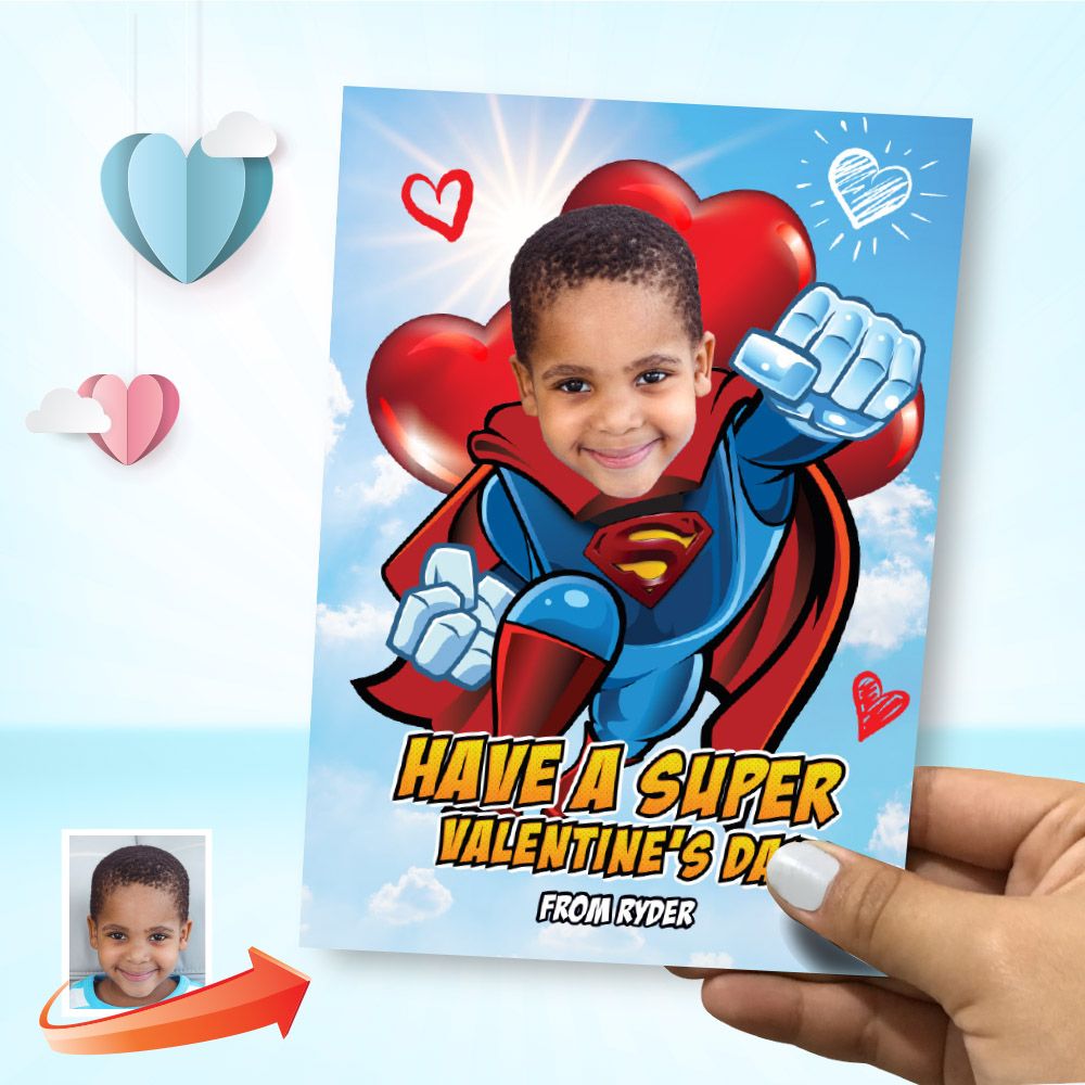 Valentines Superman with photo, Valentine themed Superman, Kids Valentine Superman card, Superman valentines. 2248B