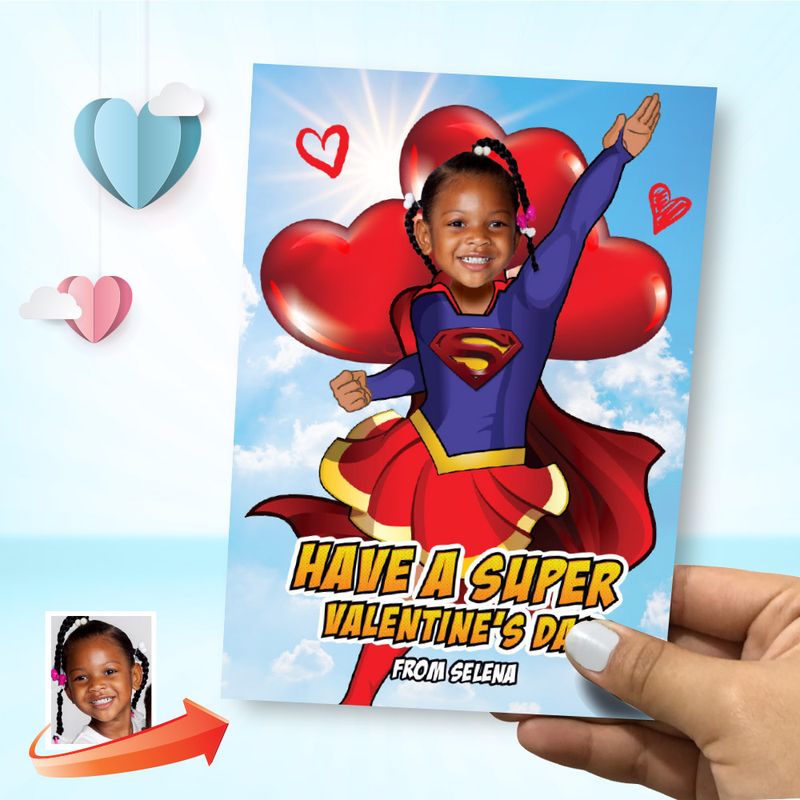 Valentines Supergirl with photo, Valentine themed Supergirl, Kids Valentine Supergirl card, Supergirl valentines. 2249B