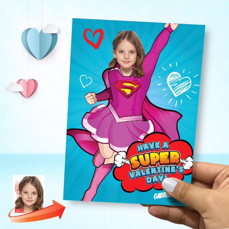 Super girl Valentine&#39;s Day card with photo, Valentine Super girl Digital card, Valentine Super girl kid card. 2249C
