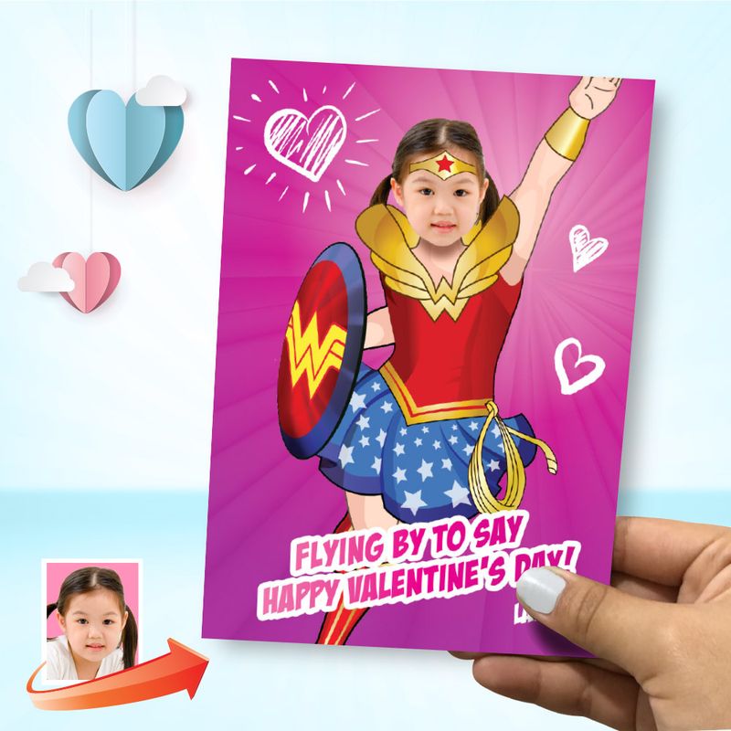 Custom Wonder Girl Valentines with photo, Valentine themed Wonder Woman, Wonder Girl Digital Valentine, Valentine Wonder Girl card. 2250