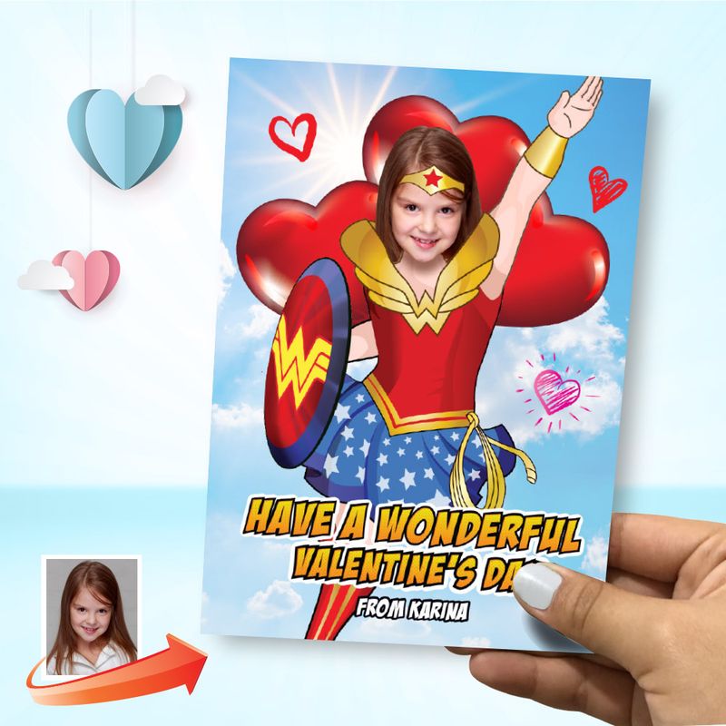 Valentines Wonder Girl with photo, Valentine themed Wonder Girl, Kids Valentine Wonder Woman card, Wonder Woman valentines. 2250B