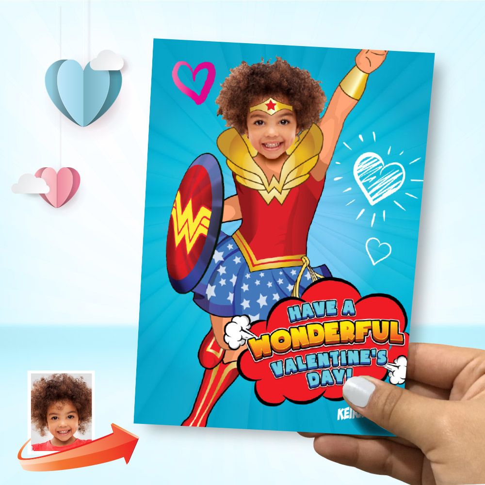 Wonder Girl Valentine&#39;s Day card with photo, Valentine Wonder Woman Digital card, Valentine Wonder Woman kid card. 2250C