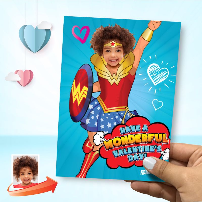 Wonder Girl Valentine&#39;s Day card with photo, Valentine Wonder Woman Digital card, Valentine Wonder Woman kid card. 2250C