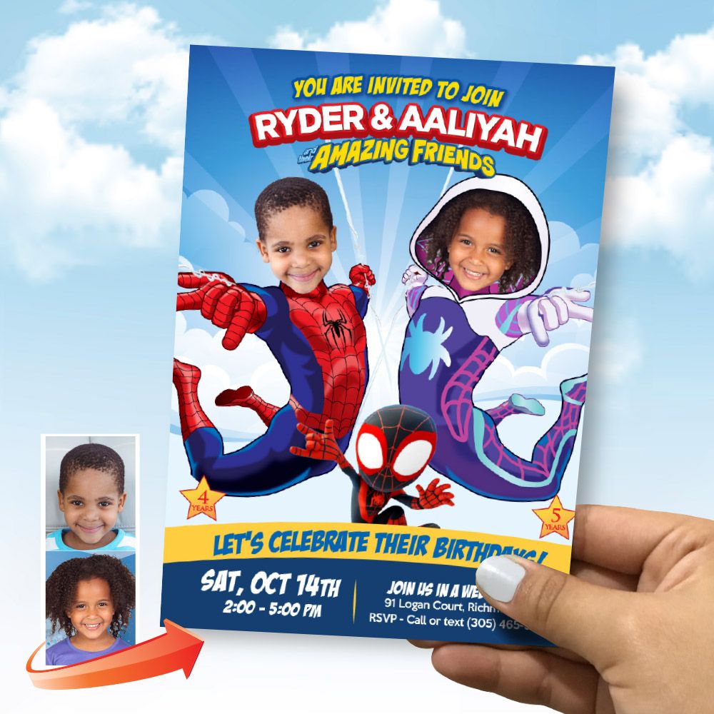 Joint Spidey and Gwen Stacy party Invitation with photos, 2 Spider kids Birthday invite, Spidey siblings party template. 2253