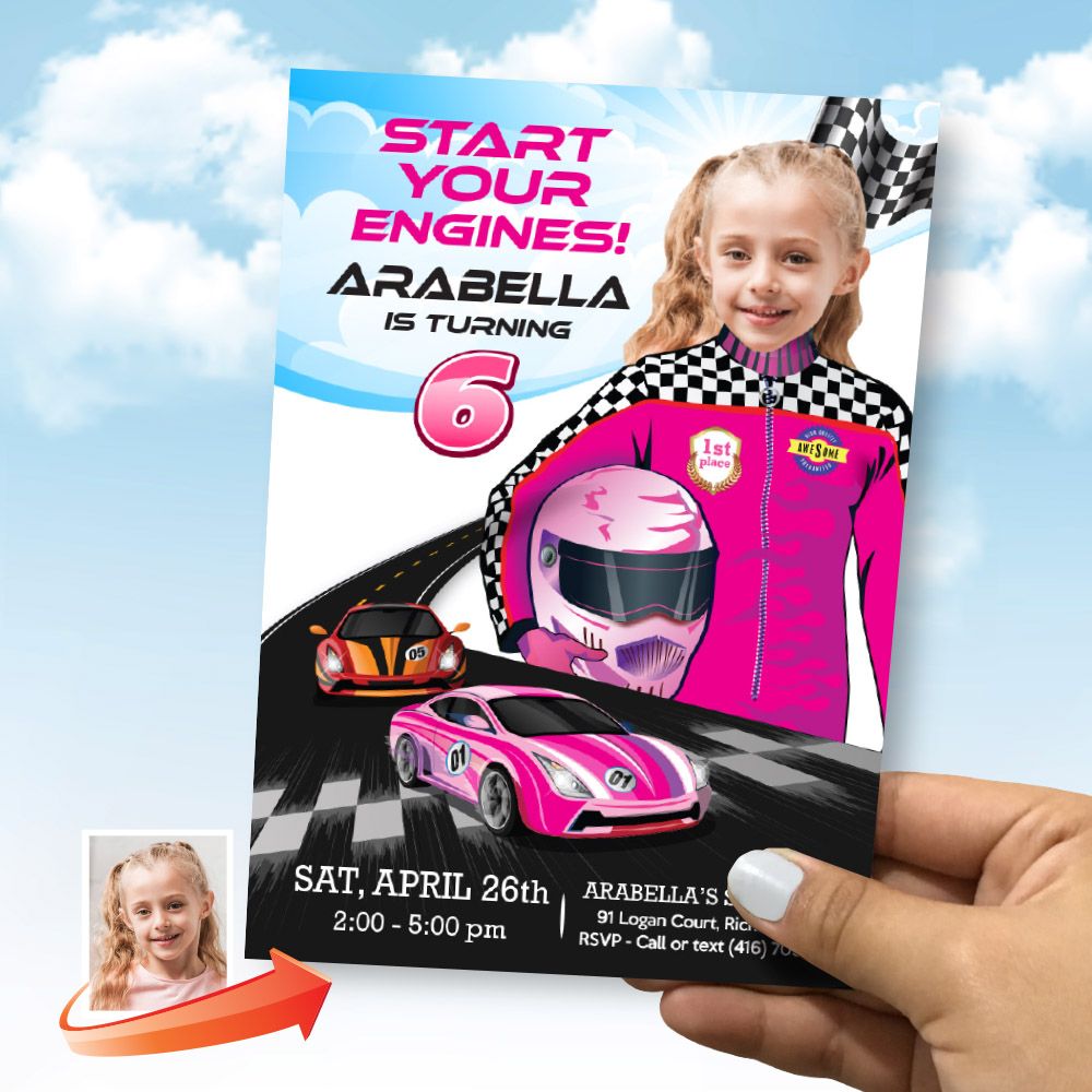 Pink Race Car Birthday Invitation with photo, Barbie Hot wheels race car party invitation, Race car Pink Girl invitation, Pink Start your engines invite. 2252