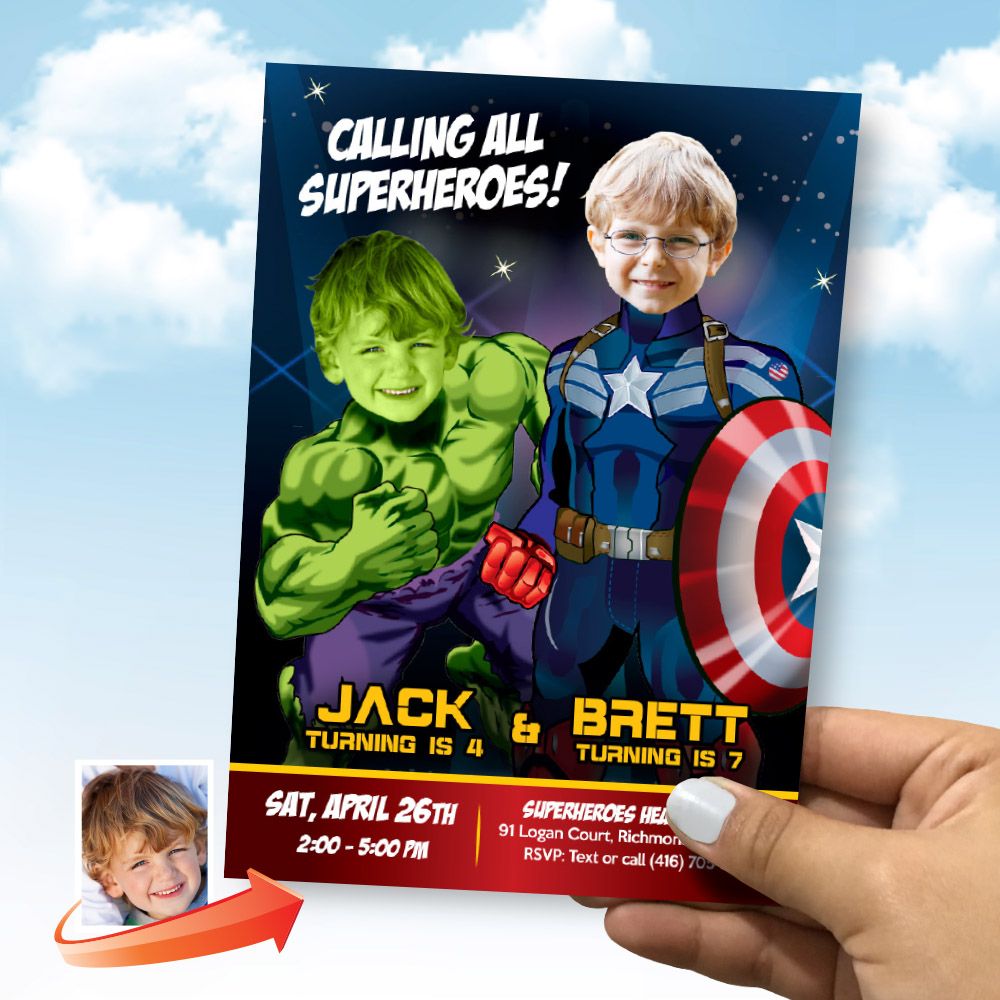 Captain America and Hulk party invitation, Captain America and Hulk theme party, Captain America and Hulk template invitation. 169