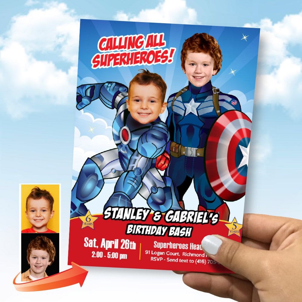 Captain America and Blue Iron Man party invitation, Captain America and Blue Iron Man theme party, Captain America and Blue Iron Man template invitation. 2255