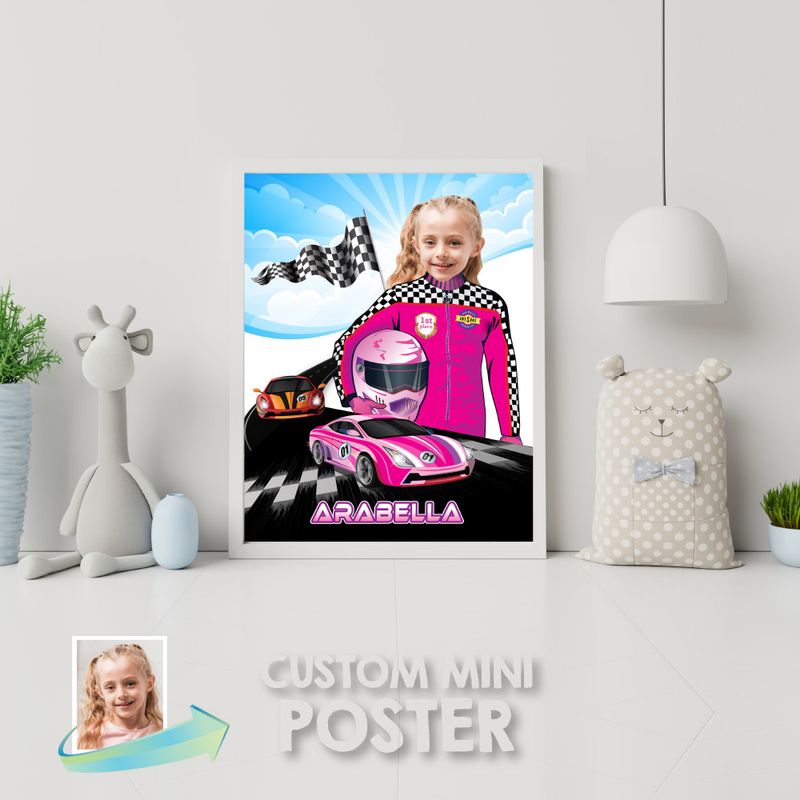 Custom Pink Race Car Poster with photo, Printable Girl Race Car Gifts with photo, Girl Racing driver poster, Racing Pink wall decor 2252PS