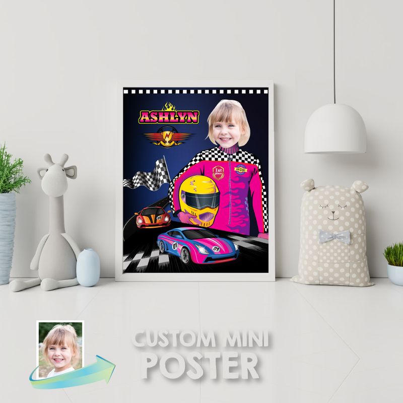 Pink Girl Racecar print with photo, Printable Girl Racecar Gifts, Girl Racing driver print with photo, Custom Racing Pink wall print. 2254PS