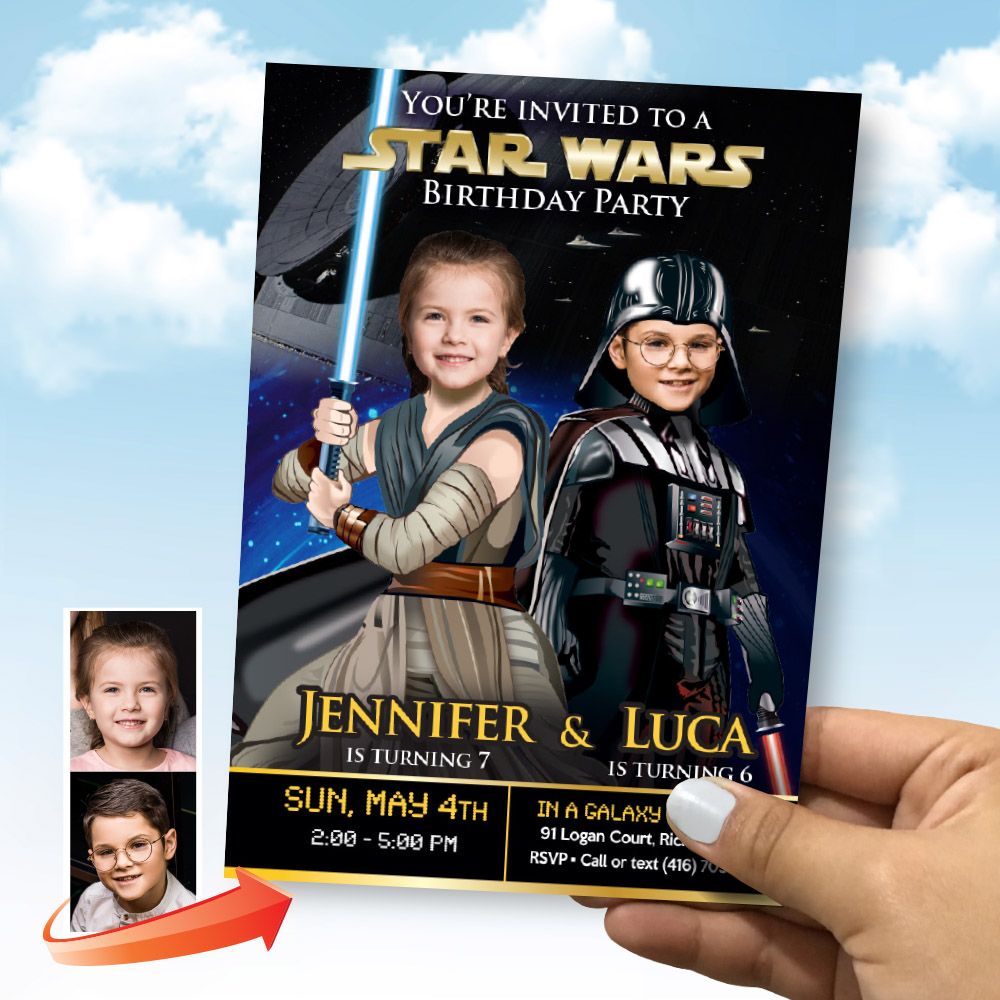 Darth Vader and Jedi Rey birthday invitation with photos, Star Wars Siblings party template, Joint Jedi Rey and Darth Vader Invitation. 040