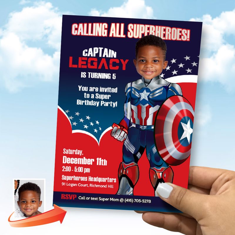 New Captain America Birthday Invitation with photo, New Capt America theme Party, Captain America Digital Invite, Capt America Party. 2258