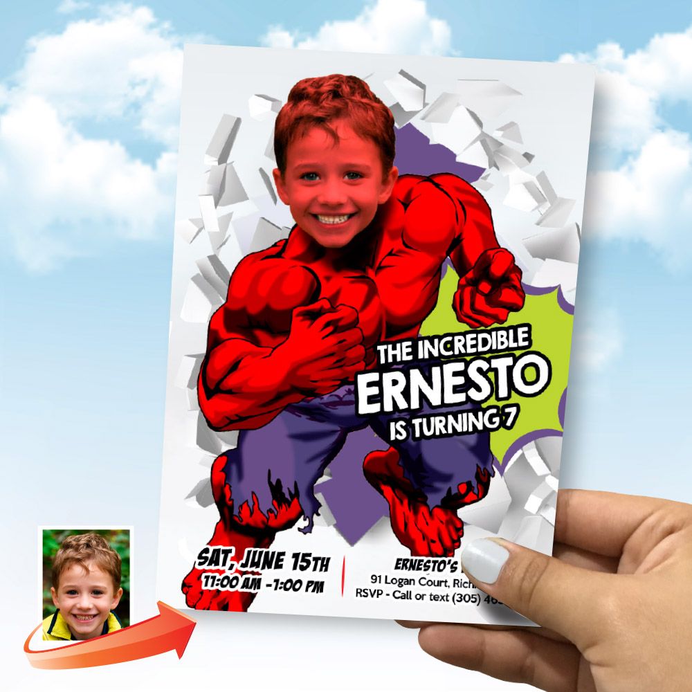Red Hulk Party template Invitation, Red Hulk birthday themed, Red Hulk online Invite, Red Hulk photo Invite, Red Hulk party ideas. 2257