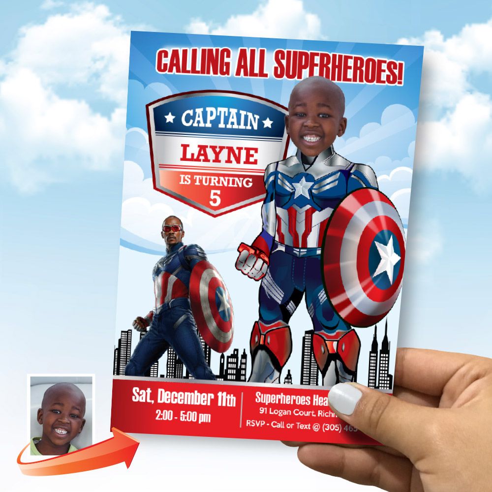 New Captain America Party Invite with photo, New Capt America Digital Invite, Capt America Party evite, New Capt America template. 2259